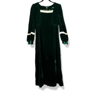 Vintage Green Velvet Lace Trim Renaissance Maxi Dress Long Sleeve Sz Small
